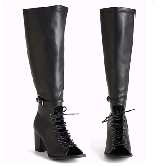 torrid Shoes - Faux Leather Lace Up Peep Toe Block Heel Boots